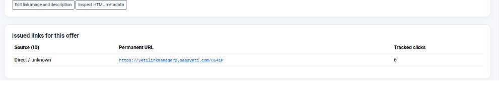 Actual issued tracking links table showing URL and recorded click count