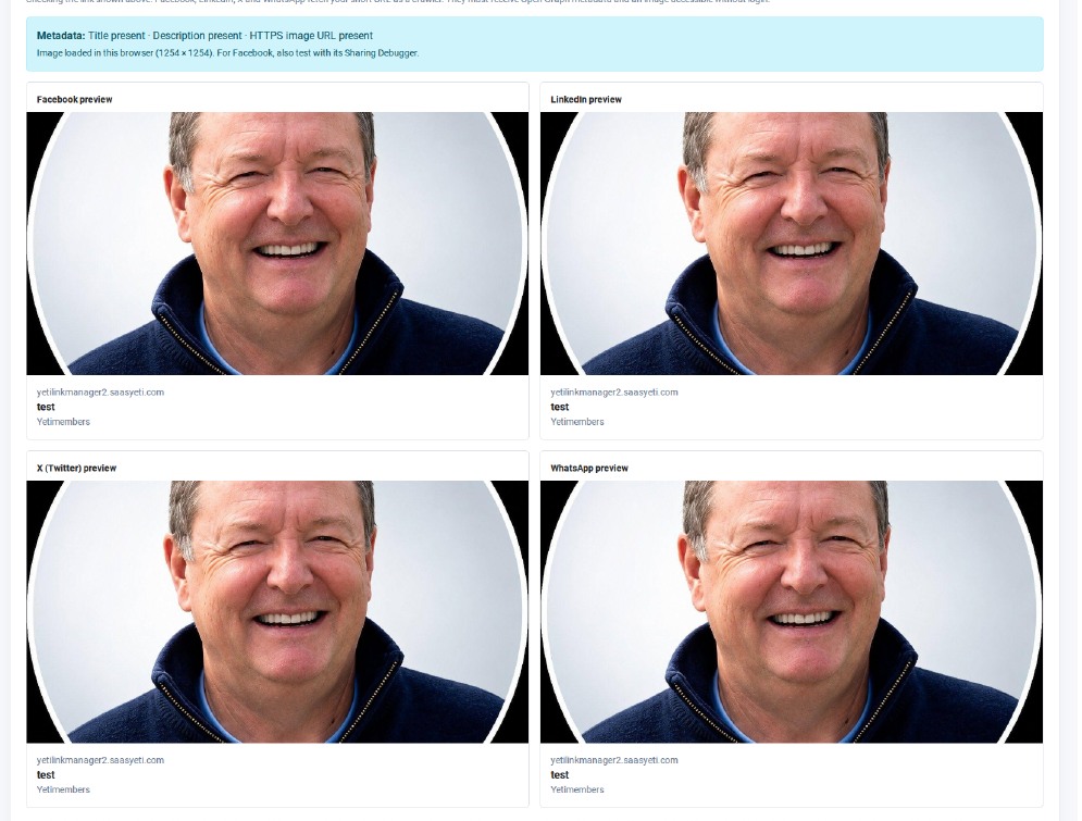 Actual Facebook LinkedIn X and WhatsApp preview cards in YetiLinkManager 2